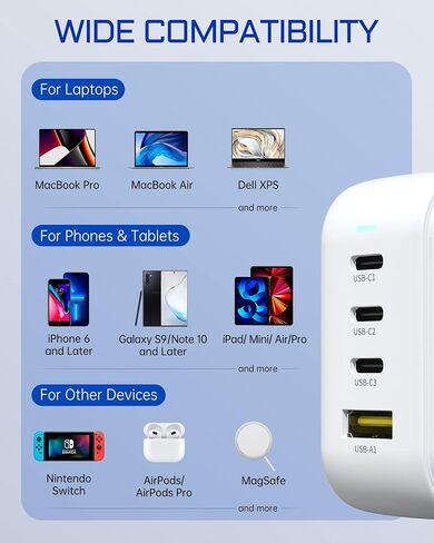 100W USB C Charger, 4-Port GaN PD PPS Fast USB Wall Charger Block, Portable Foldable Multiple Ports Power Adapter for Macbook, Laptop, iPad, iPhone, Samsung, and More-White in Saudi Arabia
