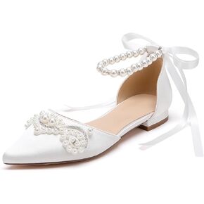Women's Pointed Toe Wedding Flats for Bride Comfort Bow Flats Closed Toe Satin Pearl Flats Pumps