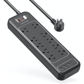 Power Strip Surge Protector USB-C and 10 AC Outlets, 3 USB and 1 USB C, Fast Charging Ports, Black, Flat Plug 6 ft Extension Cord, 2100 J 1875 Watts, 15A, Outlet Extender, ETL, BENTRONIC.