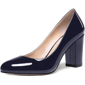 WAYDERNS Women's Slip On Solid Thick Round Toe Patent Block High Heel Pumps Shoes 3 Inch