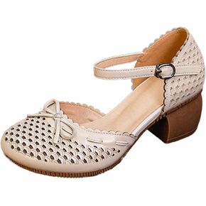 Women's Cowhide Leather Bow Chunky Heel Mary Jane Mid Block Heel Cut Out Soft Bottom Ankle Strap Buckle Dress Pumps Breathable Non Slip Nurse Walking Shoes