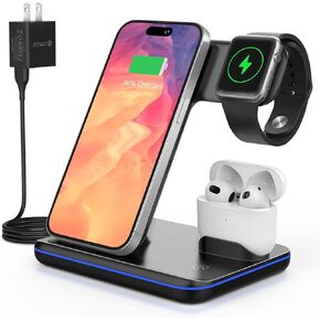 Wireless Charger 3 in 1,15W Fast Charging Station for iPhone/iWatch/AirPods,Have Controllable Cool Lights,Compact Design,Give You A Tidy Desktop/Nightstand/Desk!Instant Charging & Cable Saving!