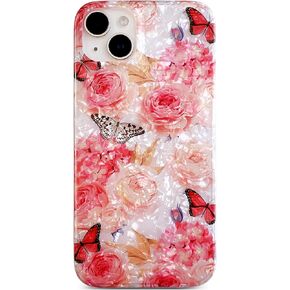 Qokey for iPhone 15 Plus Case,iPhone 14 Plus Case,Cute Flower Case for Girls Women,Shell Pattern Soft Bumper Lightweight Fit Case Shockproof Phone Cover for iPhone 14 Plus/15 Plus 6.7",Pink Floral