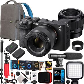 هيكل كاميرا Sony a7C II بدون مرآة بإطار كامل + عدسة 50 مم F1.8 ILCE-7CM2/B سوداء + حزمة SEL50F18F مع حقيبة ظهر للتصوير الفوتوغرافي Deco Gear + بطارية إضافية + ميكروفون + LED + Monopod ومجموعة الملحقات in Kuwait