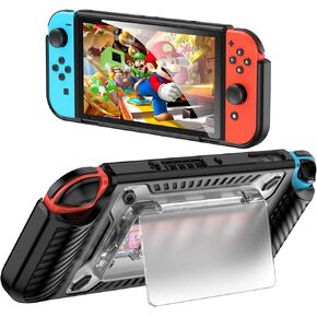 BAISRKE Protective Case for Nintendo Switch OLED, Dockable Protective Case with Comfort Padded Hand Grips and Kickstand Game Card Slots - Black