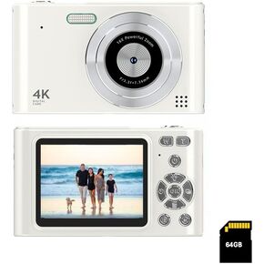Digital Pocket Camera, Digital Point and Shoot Camera with 16X Zoom, 64GB Memory, FHD 1080P Camera, Anti Shake, Compact Small Camera Gift for Boys Girls Kids (White)