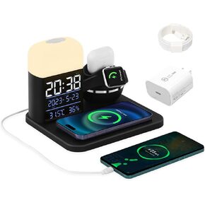Wireless Charger 3 in 1,Wireless Charging Station Compatible for iPhone15/14/13/12/11/X/iWatch SE/8/7/6/5/4/AirPods 3/2/1/Pro,Night Light with Digital Alarm Clock (Black/Silver) in Saudi Arabia