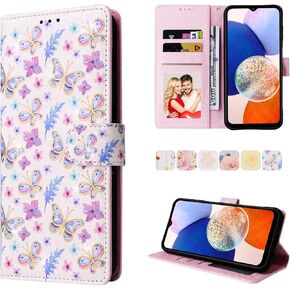 UEEBAI Wallet Case for Samsung Galaxy A35 5G, PU Leather Phone Case Kickstand RFID Blocking Flip Case Card Slots Wrist Strap Relief Engraved Pattern Magnetic Closure Folio Case - Blue Butterfly