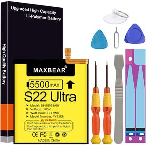 MAXBEAR Galaxy S22 Ultra Battery, Newest 4200mAh 3.85V Li-Polymer Replacement Battery EB-BS908ABY Compatible with Galaxy S22 Ultra 5G SM-S908U with Repair Tool Kit