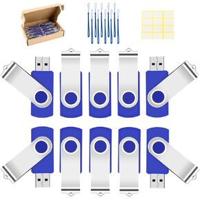 1GB Flash Drive 10 Pack USB 2.0 Thumb Drive Swivel Memory Stick Jump Drive with LED Indicator/Lanyard/Label for Storage and Backup (1G, 10pcs, Navy Blue)