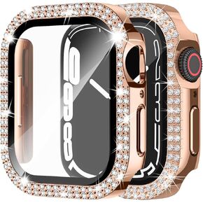 2 Pack Bling Case with Tempered Glass Screen Protector for Apple Watch Series 6 5 4 SE 44mm, Women Glitter Diamond Hard PC Bumper Scratch Resistant Protective Face Cover for iWatch 44mm Black