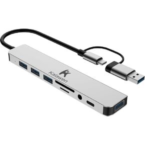 Kalawen USB C Hub USB Hub 3.0, Aluminum 8 in 1 USB Splitter with 1 x USB 3.0, 3 x USB 2.0 and 1 x USB C, SD/TF Card Reader, 3.5mm Aux Ports for MacBook/Pad Pro Laptop Devices