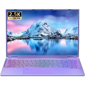 16" Purple Laptop,Ultra-narrow bezels 2.5K FHD (2560x1600) IPS,Celeron N5095,16G RAM, Color Backlit KB, Fingerprint, Type-C/HDMI/WiFi/HDD Expand, Win 11 PC for Business Study (Purple, 1T SSD)