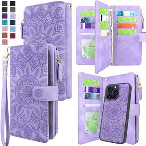 Harryshell Compatible with iPhone 15 Pro 5G 6.1 inch 2023 Wallet Case Detachable Removable Phone Cover Zipper Cash Pocket Multi Card Slots Wrist Strap Lanyard (Floral Brown)