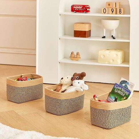 Small Cotton Rope Storage Basket Set of 3-11"x7"x7" Perfect Woven Baskets for Storage, Ideal Storage Baskets for Organizing Toys, Towels, and More - Baskets for Shelves and Home Decor（Beige） in Kuwait