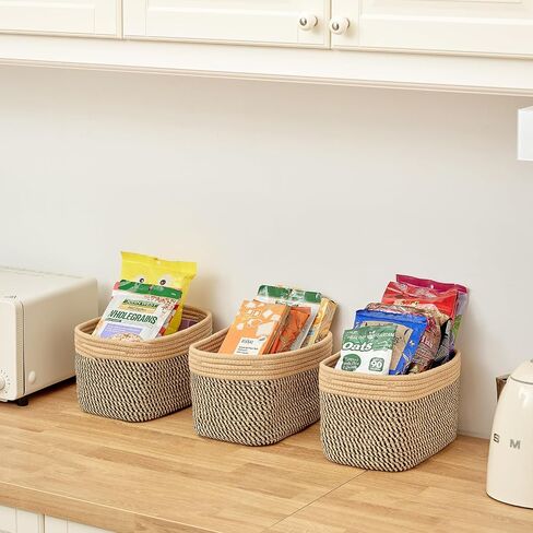 Small Cotton Rope Storage Basket Set of 3-11"x7"x7" Perfect Woven Baskets for Storage, Ideal Storage Baskets for Organizing Toys, Towels, and More - Baskets for Shelves and Home Decor（Beige） in Kuwait