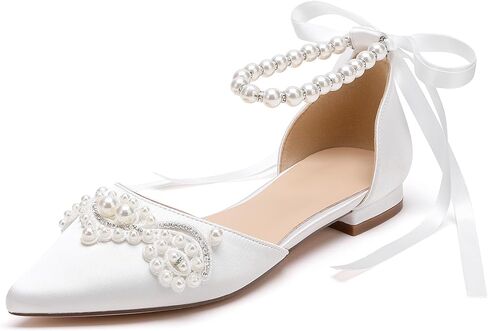 Women's Pointed Toe Wedding Flats for Bride Comfort Bow Flats Closed Toe Satin Pearl Flats Pumps in Saudi Arabia