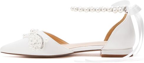 Women's Pointed Toe Wedding Flats for Bride Comfort Bow Flats Closed Toe Satin Pearl Flats Pumps in Saudi Arabia