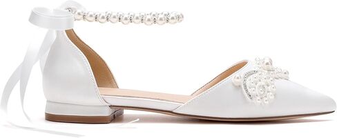 Women's Pointed Toe Wedding Flats for Bride Comfort Bow Flats Closed Toe Satin Pearl Flats Pumps in Saudi Arabia