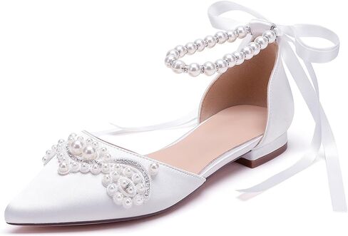 Women's Pointed Toe Wedding Flats for Bride Comfort Bow Flats Closed Toe Satin Pearl Flats Pumps in Saudi Arabia
