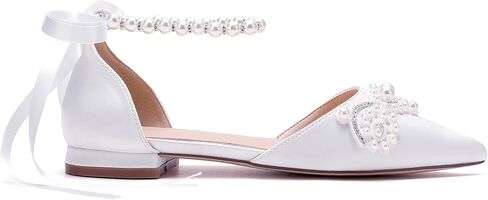 Women's Pointed Toe Wedding Flats for Bride Comfort Bow Flats Closed Toe Satin Pearl Flats Pumps in Saudi Arabia