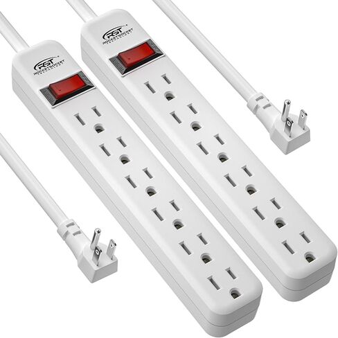 CRST 2 حزمة من 6 منافذ كهرباء مع مفتاح، 15A/1875 قابس عالي التحمل، مؤرض، قاطع دائرة متكامل، 3 شقوق، حامل على الحائط، سلك تمديد 2.5 قدم، مدرج في قائمة ETL in Kuwait