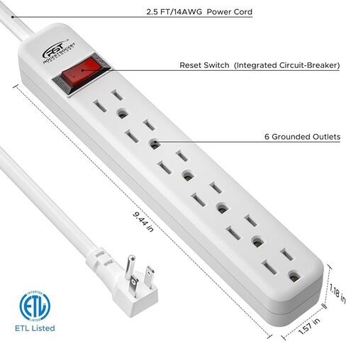 CRST 2 حزمة من 6 منافذ كهرباء مع مفتاح، 15A/1875 قابس عالي التحمل، مؤرض، قاطع دائرة متكامل، 3 شقوق، حامل على الحائط، سلك تمديد 2.5 قدم، مدرج في قائمة ETL in Kuwait