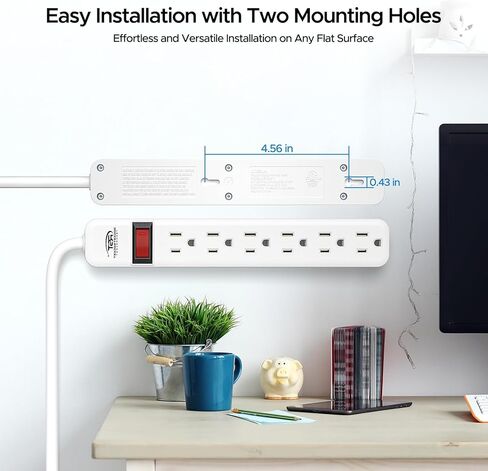 CRST 2 حزمة من 6 منافذ كهرباء مع مفتاح، 15A/1875 قابس عالي التحمل، مؤرض، قاطع دائرة متكامل، 3 شقوق، حامل على الحائط، سلك تمديد 2.5 قدم، مدرج في قائمة ETL in Kuwait