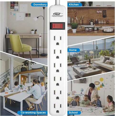 CRST 2 حزمة من 6 منافذ كهرباء مع مفتاح، 15A/1875 قابس عالي التحمل، مؤرض، قاطع دائرة متكامل، 3 شقوق، حامل على الحائط، سلك تمديد 2.5 قدم، مدرج في قائمة ETL in Kuwait