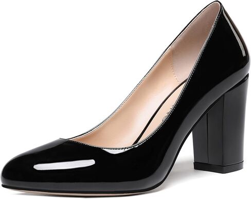 WAYDERNS Women's Slip On Solid Thick Round Toe Patent Block High Heel Pumps Shoes 3 Inch in Saudi Arabia