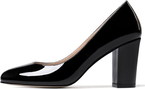 WAYDERNS Women's Slip On Solid Thick Round Toe Patent Block High Heel Pumps Shoes 3 Inch in Saudi Arabia