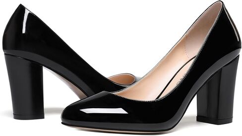WAYDERNS Women's Slip On Solid Thick Round Toe Patent Block High Heel Pumps Shoes 3 Inch in Saudi Arabia