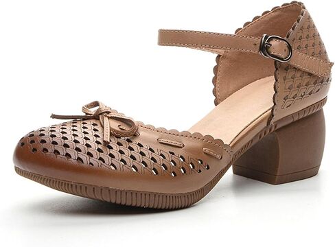 Women's Cowhide Leather Bow Chunky Heel Mary Jane Mid Block Heel Cut Out Soft Bottom Ankle Strap Buckle Dress Pumps Breathable Non Slip Nurse Walking Shoes in Saudi Arabia