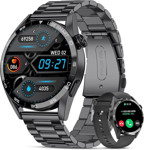ساعة ذكية للرجال من LIGE مزودة بتقنية البلوتوث للرد على المكالمات، ساعة تعقب اللياقة البدنية مع عداد خطوات لمراقبة معدل ضربات القلب/BP/النوم، 2024 1.3 بوصة عالية الدقة تعمل باللمس بالكامل مقاومة للماء لهواتف iPhone Android باللون الأسود in Kuwait