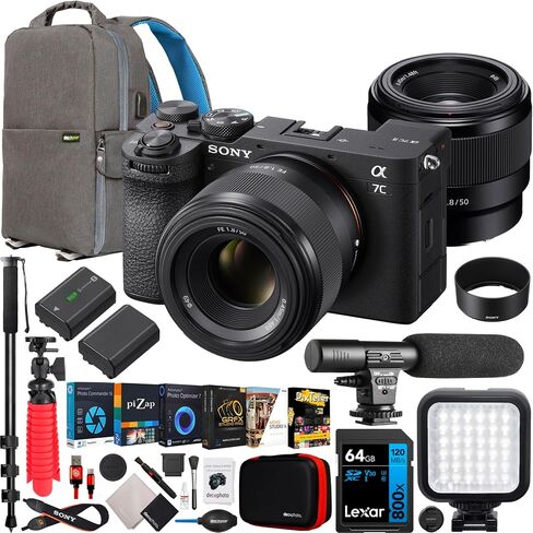 هيكل كاميرا Sony a7C II بدون مرآة بإطار كامل + عدسة 50 مم F1.8 ILCE-7CM2/B سوداء + حزمة SEL50F18F مع حقيبة ظهر للتصوير الفوتوغرافي Deco Gear + بطارية إضافية + ميكروفون + LED + Monopod ومجموعة الملحقات in Saudi Arabia