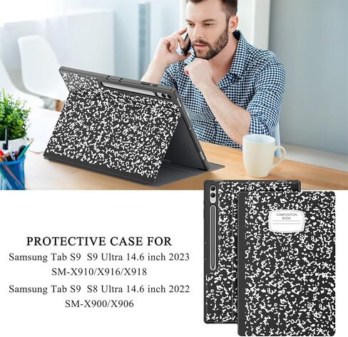 Supveco Case for Samsung Galaxy Tab S9/S8 Ultra 14.6 Inch with S Pen Holder, [Auto Wake/Sleep], Premium Folio Stand Case with Soft TPU Back Cover for Galaxy Tab S9/S8 Ultra 2023/2022-Composition Book in Saudi Arabia