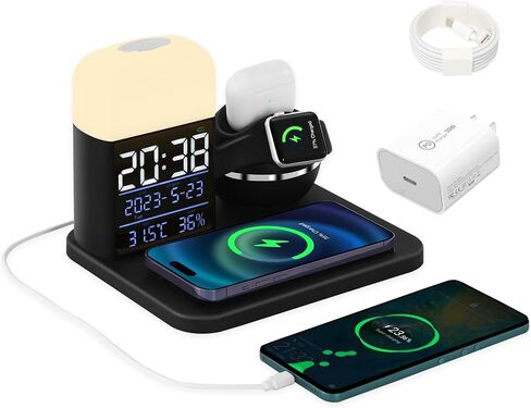 Wireless Charger 3 in 1,Wireless Charging Station Compatible for iPhone15/14/13/12/11/X/iWatch SE/8/7/6/5/4/AirPods 3/2/1/Pro,Night Light with Digital Alarm Clock (Black/Silver) in Saudi Arabia