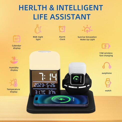 Wireless Charger 3 in 1,Wireless Charging Station Compatible for iPhone15/14/13/12/11/X/iWatch SE/8/7/6/5/4/AirPods 3/2/1/Pro,Night Light with Digital Alarm Clock (Black/Silver) in Saudi Arabia