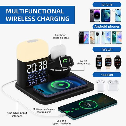 Wireless Charger 3 in 1,Wireless Charging Station Compatible for iPhone15/14/13/12/11/X/iWatch SE/8/7/6/5/4/AirPods 3/2/1/Pro,Night Light with Digital Alarm Clock (Black/Silver) in Saudi Arabia