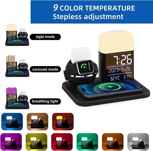 Wireless Charger 3 in 1,Wireless Charging Station Compatible for iPhone15/14/13/12/11/X/iWatch SE/8/7/6/5/4/AirPods 3/2/1/Pro,Night Light with Digital Alarm Clock (Black/Silver) in Saudi Arabia