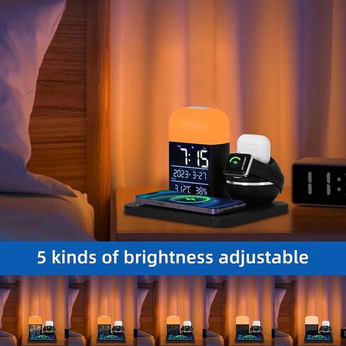 Wireless Charger 3 in 1,Wireless Charging Station Compatible for iPhone15/14/13/12/11/X/iWatch SE/8/7/6/5/4/AirPods 3/2/1/Pro,Night Light with Digital Alarm Clock (Black/Silver) in Saudi Arabia