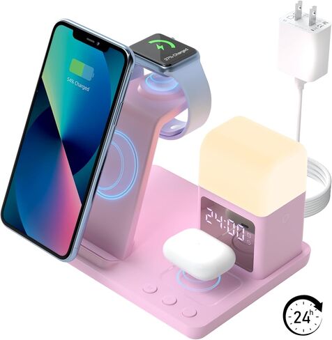 Wireless Charger, 6 in 1 Charging Station with Alarm Clock and Light for iPhone 15/14/13/12/11 X Pro Max for Apple Watch Charger for AirPods 3/2/Pro(Pink) in Saudi Arabia