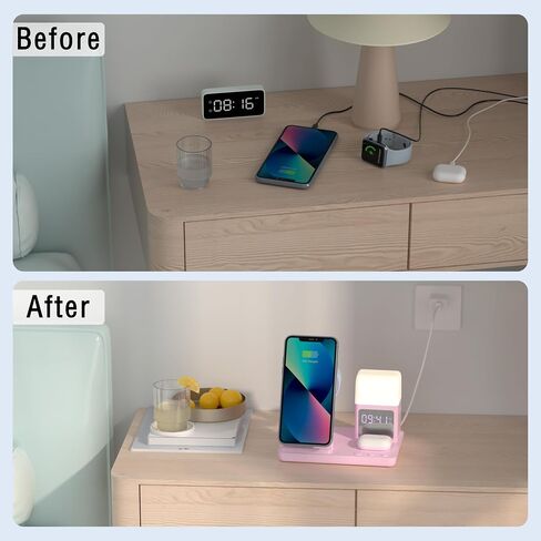 Wireless Charger, 6 in 1 Charging Station with Alarm Clock and Light for iPhone 15/14/13/12/11 X Pro Max for Apple Watch Charger for AirPods 3/2/Pro(Pink) in Saudi Arabia