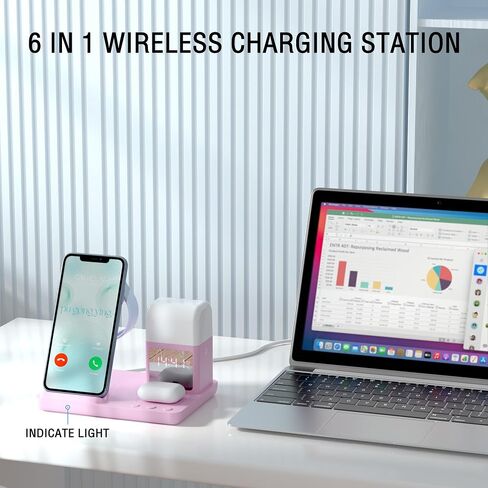 Wireless Charger, 6 in 1 Charging Station with Alarm Clock and Light for iPhone 15/14/13/12/11 X Pro Max for Apple Watch Charger for AirPods 3/2/Pro(Pink) in Saudi Arabia