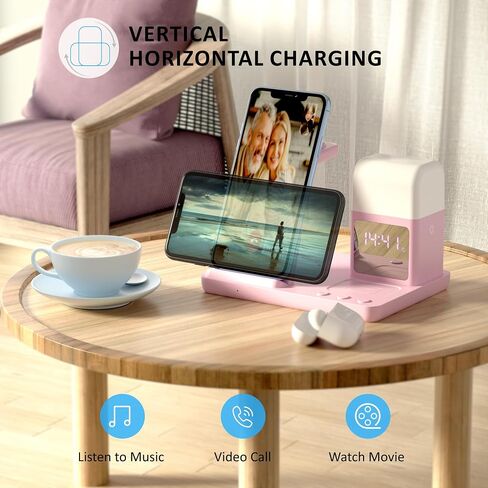 Wireless Charger, 6 in 1 Charging Station with Alarm Clock and Light for iPhone 15/14/13/12/11 X Pro Max for Apple Watch Charger for AirPods 3/2/Pro(Pink) in Saudi Arabia