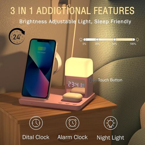 Wireless Charger, 6 in 1 Charging Station with Alarm Clock and Light for iPhone 15/14/13/12/11 X Pro Max for Apple Watch Charger for AirPods 3/2/Pro(Pink) in Saudi Arabia