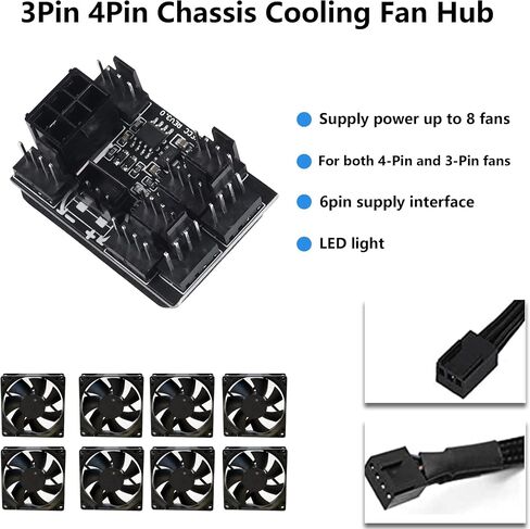 SinLoon 3 Pin 4 Pin Fan Adapter PWM PC Chassis Cooling Fan Hub，Chassis Fan Pressure Regulating Governor，8 Way Splitter 12V Speed Controller with 6 Pin Power Port（8 Way with Cable Black ） in Saudi Arabia