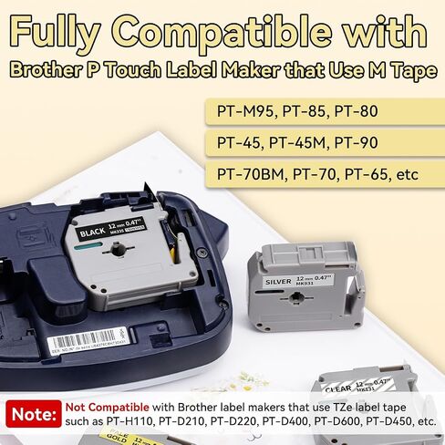 Fimax 4 Pack Compatible M Tape Label Maker Tape 12mm 0.47 Color 931 831 335 131 (Black on Silver/Pale Gold/Clear, White on Black) for Brother Ptouch PT-M95 PT-70BM PT-90 PT85 PT65 PT45 Label Maker in Saudi Arabia