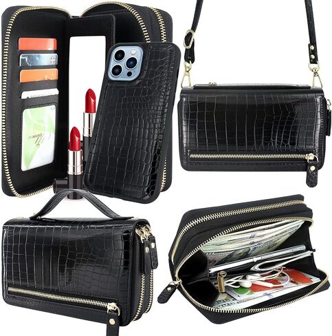 Harryshell Compatible with iPhone 13 Pro Max 6.7 inch 2021 Case Wallet Multi Zipper Detachable Magnetic Cover Purse with Card Slots Mirror Crossbody Wrist Strap (Black) in Kuwait