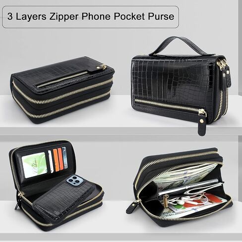 Harryshell Compatible with iPhone 13 Pro Max 6.7 inch 2021 Case Wallet Multi Zipper Detachable Magnetic Cover Purse with Card Slots Mirror Crossbody Wrist Strap (Black) in Kuwait
